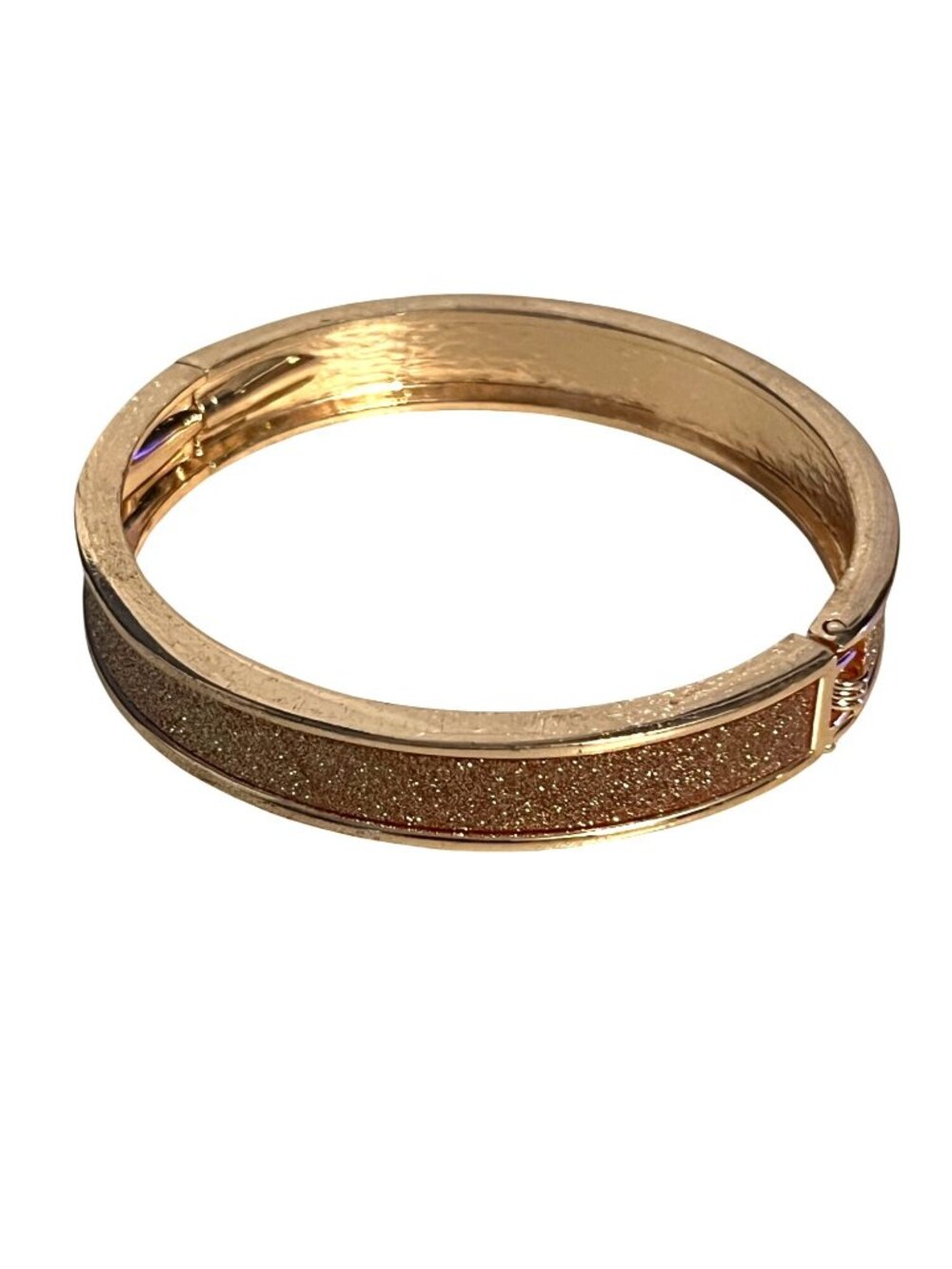Rose Gold Tone Glitter Bangle Bracelet Hinged Clasp Sparkle Inlay 2.5 Inch